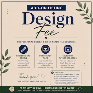 May include: An add-on listing graphic with the text "Design Fee" in a dark blue banner. The graphic includes icons for professional design, print-ready files, and saved for future reorders. Text reads "Thank you! Your support means the world."