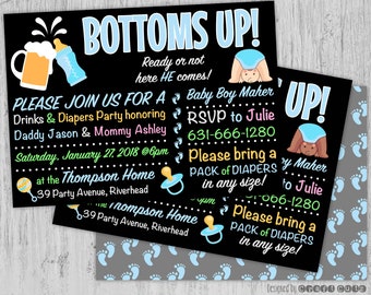Bottoms Up Invitation, Baby Sprinkle Invitation, Baby Boy Sprinkle, Drinks and Diapers Baby Shower, Diaper Party, Cheers Baby Invitation