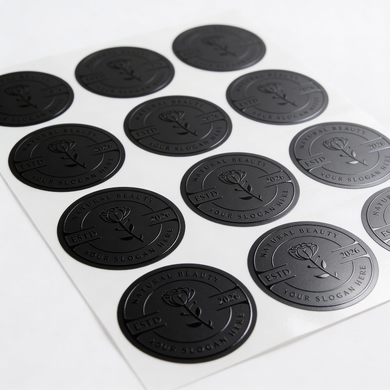 May include: A sheet of circular black stickers featuring an embossed design of a central flower. Each sticker includes the text NATURAL BEAUTY, ESTD, 2026, and YOUR SLOGAN HERE arranged within a circular border surrounding the floral illustration.