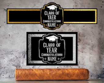 Custom Graduation Cigar Labels, Custom Grad Cigar Labels, Class of Cigar Wraps, Vintage Theme Party, Cigar Bands, Silver & Gold