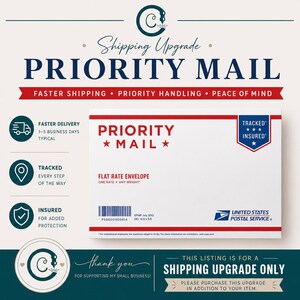 May include: A white and red Priority Mail flat rate envelope with text that reads "Priority Mail" and "Faster Shipping". The envelope is labeled "Tracked" and "Insured". The image also includes text that reads "Shipping Upgrade".