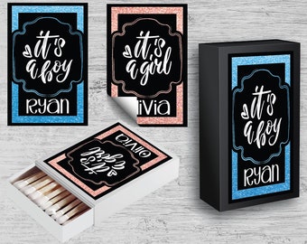 Etiquetas personalizadas de la caja de coincidencias de revelación de género, pegatinas personalizadas de la caja de coincidencias de baby shower, etiquetas de la caja de coincidencias de la madre para ser, etiquetas de la caja de coincidencias del padre