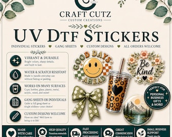 Pegatinas UV DTF personalizadas / Láminas de pegatinas y transferencias individuales / Calcomanías brillantes impermeables / Impresión de pegatinas personalizadas