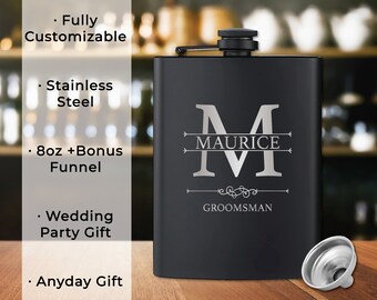 Matraz grabado personalizado, matraz de acero inoxidable grabado de 8 oz, matraz negro mate, regalo de padrino, regalo de fiesta de bodas, regalo de cumpleaños personalizado