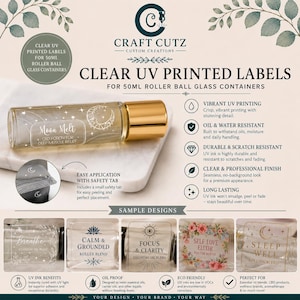 May include: Clear UV printed labels for 50ml roller ball glass containers. The labels feature white celestial designs and text including Moon Melt, Breathe, Calm & Grounded, Focus & Clarity, Self Love Elixir, and Sleep Well on transparent film.