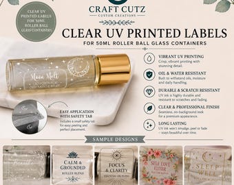 Etiquetas personalizadas transparentes impresas con UV para frascos roll-on / Etiquetas para roll-on de 50 ml / Etiquetas para aceites esenciales resistentes al aceite / Pegatinas transparentes impermeables