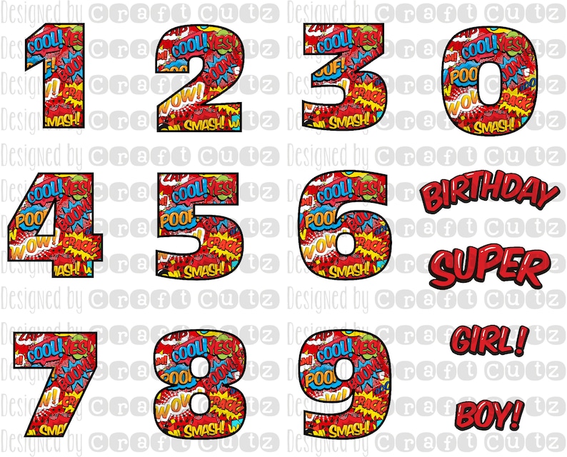 Sublimation Comic Numbers, Comic Clip Art, Superhero Clip Art, Comic Downloads, Iron Transfer Download, Comic Birthday Party, Superhero image 1