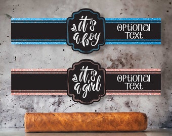 Etiquetas personalizadas para cigarros con revelación de género, envolturas personalizadas para cigarros de baby shower, anillas para futuros cigarros, envolturas para futuros cigarros, oro rosa y brillo azul.