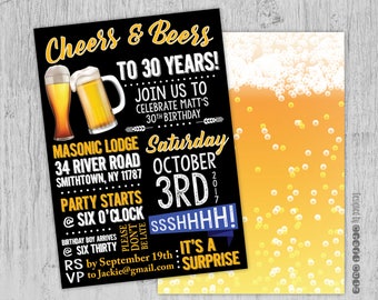 Cheers and Beers To 30 Years Invitation - Beer Party Invitation - Craft Beer - Brewery Party - Surprise Birthday Party Invitation Printable