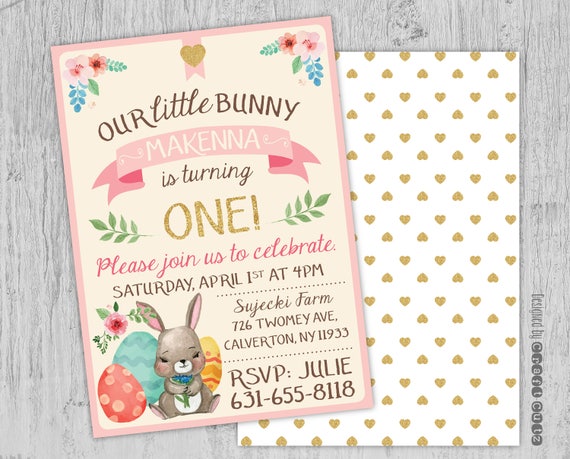 Easter Bunny Birthday Invitation - Sweet Easter Party Invitation - Pink Watercolor Flowers - Watercolor Bunny - Spring Invitation Printable