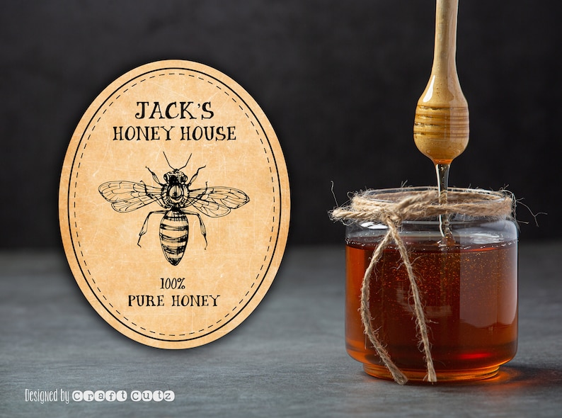 Peut inclure: Une &eacute;tiquette ronde brune avec une illustration d'abeille et le texte "Jack's Honey House 100% Pure Honey"  Con&ccedil;u par Craft Quiz.