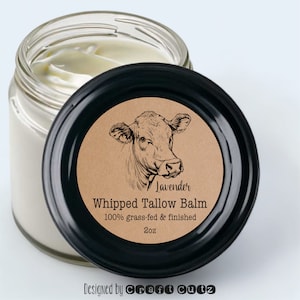 Custom Tallow Label, Whipped Tallow Label, Grass Fed Cow Label, Beef Tallow Sticker, Apothecary Canning Jar Sticker, Rustic Label