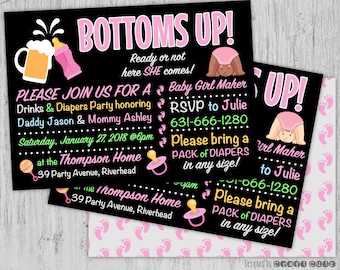 Bottoms Up Invitation, Baby Sprinkle Invitation, Baby Girl Sprinkle, Drinks and Diapers Baby Shower, Diaper Party, Cheers Baby Invitation
