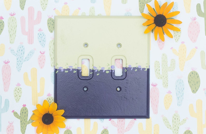 Absolute Will Acrylic hand painted purple and citron green decorative wooden double light switch plate cover with back plate, home decor image 2