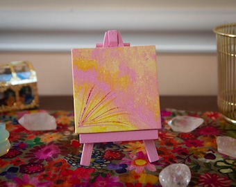 Where Have You Been - 3x3 Mini abstract pink and yellow painting with easel, acrylic painting, mini art, canvas painting, mini canvas, décor