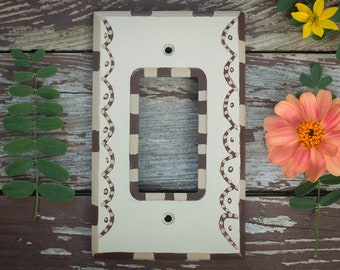 Satin - Acrylic hand painted, wooden, tan and brown decorative, single light switch plate cover with back plate