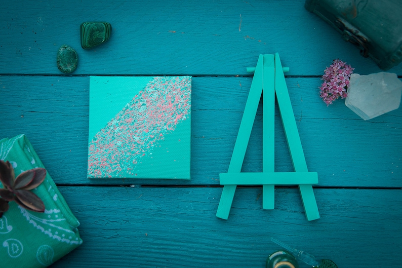 Cosmic Crossing 3x3 Mini peinture abstraite avec chevalet, vert sarcelle, corail, peinture acrylique, mini art, peinture sur toile, mini toile image 4