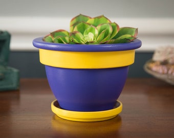 Sunglow - Hand painted, 4 inch abstract acrylic bell pot, purple, yellow, decorative pot, terracotta pot, succulent pot, home décor