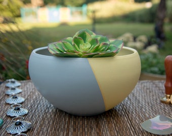 Renewed Bond - Hand painted 7 inch, acrylic pot, gray, yellow, decorative pot, terracotta pot, succulent pot, home décor