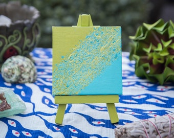 Riverside - 3x3 Mini abstract painting with easel, citron green and blue, acrylic painting, mini art, canvas painting, mini canvas, decor