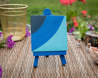 Reverb - 3x3 Mini pintura abstracta con caballete, azul cerúleo, marino, pintura acrílica, mini arte, pintura de lienzo, mini lienzo