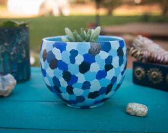 Elysium - Hand painted 4 inch abstract acrylic pot, cerulean blue, navy, decorative pot, terracotta pot, succulent pot, home décor