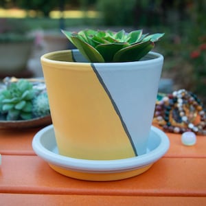 Spaces Inbetween - Hand painted, 5 inch abstract acrylic pot, yellow and gray, decorative pot, succulent pot, terracotta pot, home décor