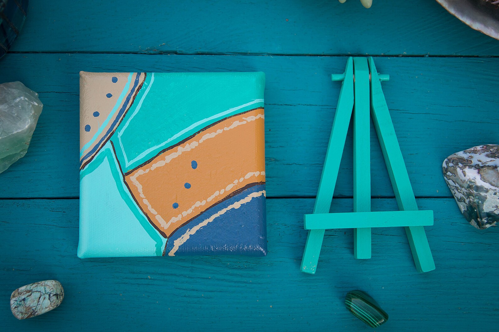 Limitless 4x4 Mini Abstract Painting With Easel Green Teal Etsy