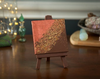 Mage's Treasure - 3x3 mini abstract painting with easel, copper, brown, acrylic painting, mini art, canvas painting, mini canvas