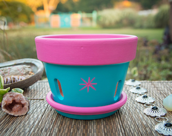 Lucky Love - Hand painted, 6 inch abstract acrylic orchid pot, pink and turquoise, decorative pot, terracotta pot, home décor