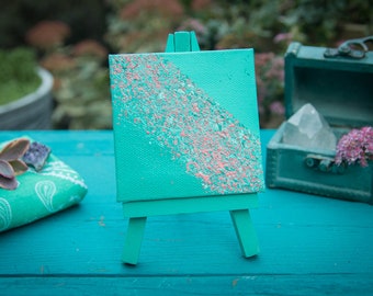 Cosmic Crossing - 3x3 Mini abstract painting with easel, teal green, coral, acrylic painting, mini art, canvas painting, mini canvas