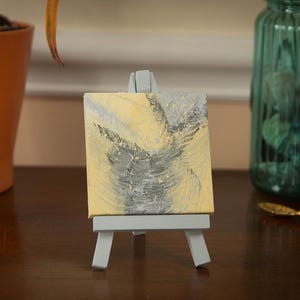 The Chain - 3x3 Mini abstract painting with easel, gray and yellow acrylic painting, mini art, canvas painting, mini canvas, decor