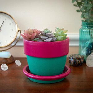 May include: A vibrant teal and fuchsia painted ceramic planter with a matching saucer, holding three succulents. A gold-rimmed clock and a teal glass vase with greenery are in the background.