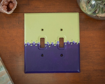 Absolute Will - Acrylic hand painted purple and citron green decorative wooden double light switch plate cover with back plate, home decor