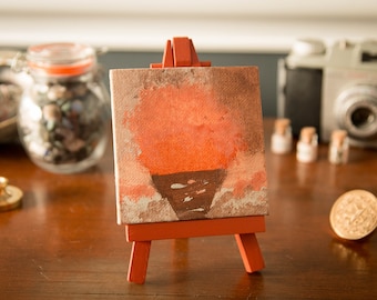 Charging towards Destiny - 3x3 mini abstract painting with easel, orange and brown acrylic painting, mini art, canvas painting, mini canvas