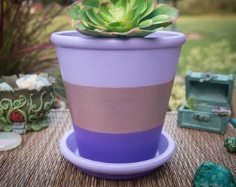 Gravity - Hand painted, 6 inch abstract acrylic pot, pink iridescent, lilac, decorative pot, succulent pot, terracotta pot, home décor