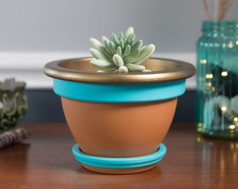 Cinnamon Roll - Hand painted, 6 1/2 inch acrylic bell pot, honey brown, turquoise, decorative pot, succulent pot, terracotta pot, flower pot