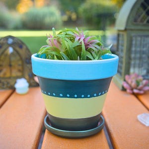 Subcultures - 4 1/2 inch abstract acrylic pot, teal and yellow, decorative pot, terracotta pot, succulent pot, home décor