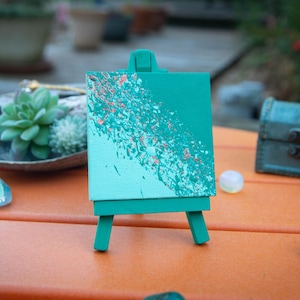 Weightless - 3x3 Mini abstract painting with easel, teal acrylic painting, mini art, canvas painting, mini canvas, home décor