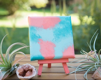 Divergence - 4x4 Mini Abstract Painting with Easel, Turquoise, Coral, Acrylic Painting, Mini Art, Canvas Painting, Mini Canvas