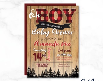 AMANDA Oh Boy Lumberjack, Buffalo Plaid Baby Shower Invitation Customized Personalized