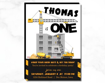 THOMAS Construction 1st Birthday, Hard Hat Crane ONE Birthday Party Invitation