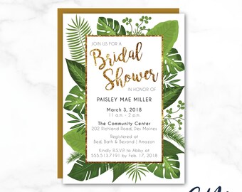 PAISLEY Green Greenery Leaf Tropical Gold Bridal Shower Invitation Customized Personalized