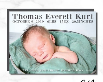 THOMAS Neutral Baby Photo Announcement, Measurements, Proud Parents