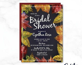 CYNTHIA Navy Fall Leaf Burgundy, Green & Gold Leaves Bridal Shower Invitation