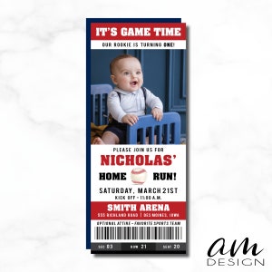 NICHOLAS It&#39;s Game Time, Baseball Ticket, Home Run Birthday Party Invitation