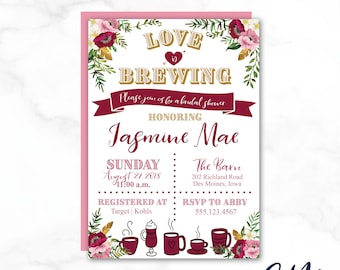 JASMINE Pink Floral Love is Brewing Bridal Shower Invitation Customized Personalized