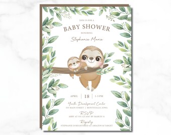 May include: A baby shower invitation with a watercolor illustration of two sloths on a branch. The invitation is for Stephanie Marie and includes the date, time, and location of the event. It also includes an RSVP contact and information about the registry.