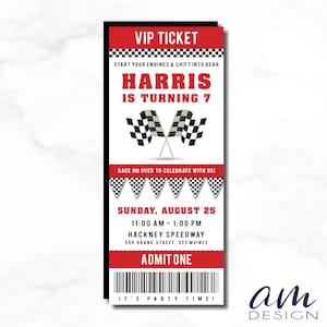 HARRIS Race Car, NASCAR, checker, Racing, VIP, Ticket Birthday Party Invitation