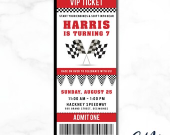 HARRIS Race Car, NASCAR, checker, Racing, VIP, Ticket Birthday Party Invitation